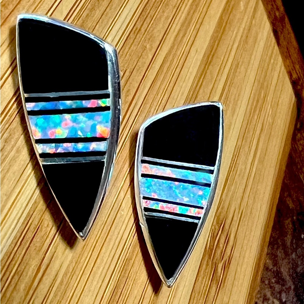 Sterling Silver 7/8 Inch Ervin Hoskie Onyx & Opal Inlay Triangular Stud Earrings